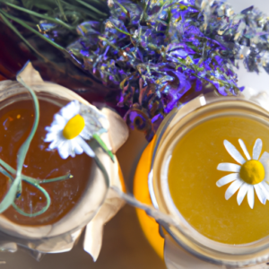 Lavender and chamomile flowers with honey